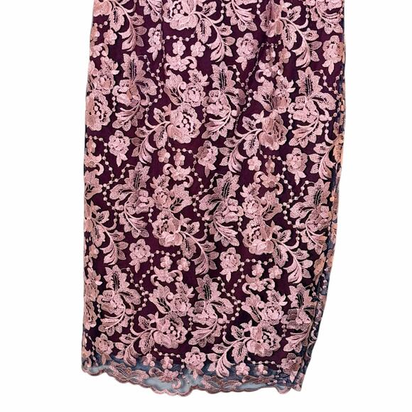 JS Collections V-Neck Floral Embroidered Mesh Cocktail Dress in Burgundy - Picture 4 of 9